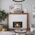White textured large format porcelain tiles 24x48 installed on fireplace wall with wooden frame