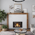 White textured porcelain large format rectangular tiles with wood frame on wall surface