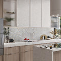 Polished square shell mother of pearl mosaic tile, white 12x12, installed as kitchen backsplash