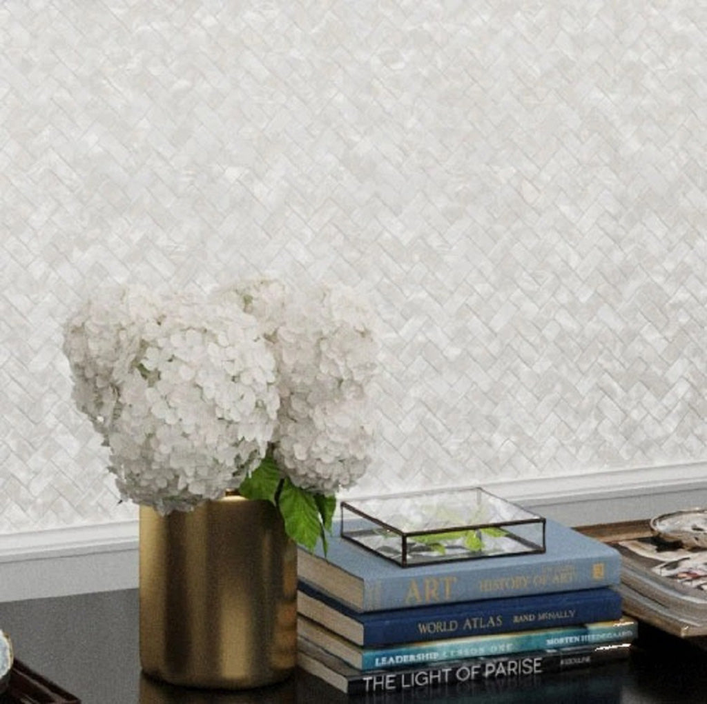 Apollo Tile Jewelicious Pearl White Natural Shell 11-in x 11-in Polished Natural Shell Herringbone Patterned Wall Tile (16.49-sq. ft/ Carton)