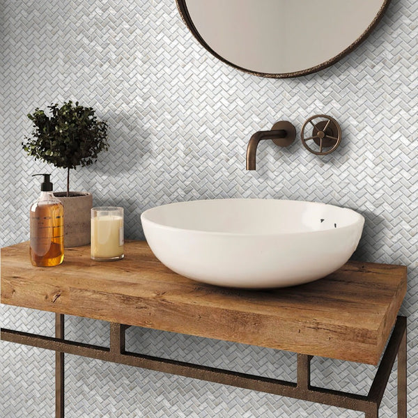 Apollo Tile Jewelicious Pearl White Natural Shell 11-in x 11-in Polished Natural Shell Herringbone Patterned Wall Tile (16.49-sq. ft/ Carton)