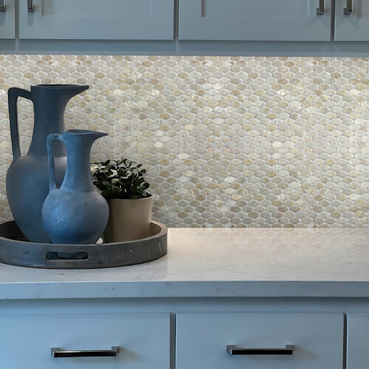 Bone White 11x12 Polished Oval Shell Mother of Pearl Mosaic Tile (20 pack, 18.67 sq ft/case) - Sample