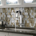 Polished silver and gold hexagon mother of pearl shell mosaic tile backsplash with 10x11 inch tiles