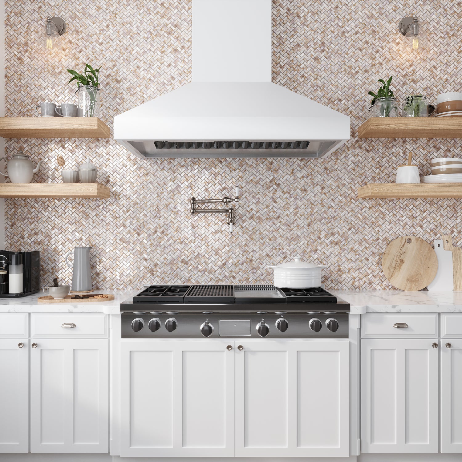 Sample - White Beige 11x11 Polished Herringbone Shell Mother of Pearl Mosaic Tile (20 pack, 16.19 sq ft/case)