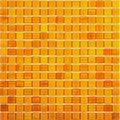 Glossy honey orange uniform square glass mosaic tile sheet with warm reflective finish