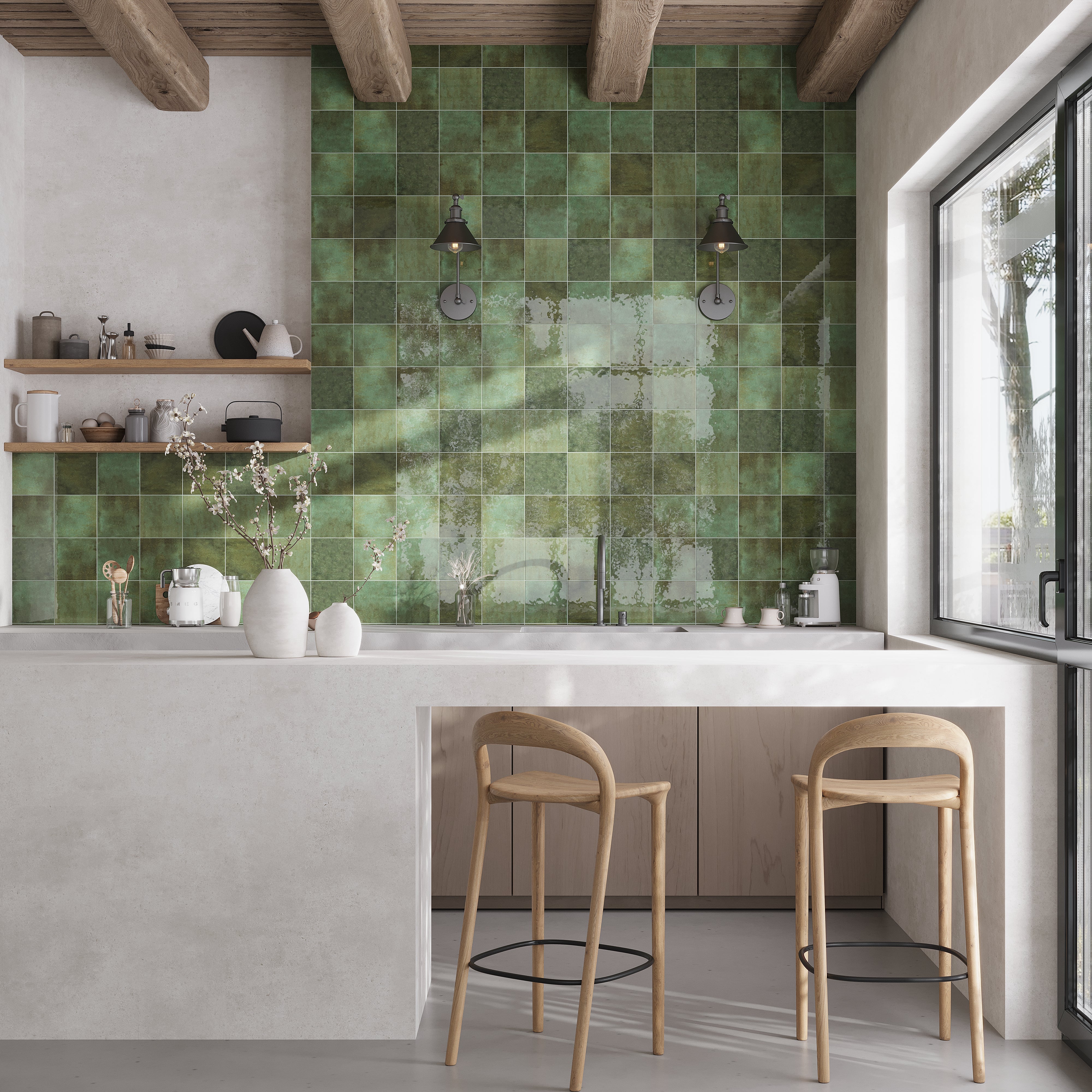 CREA　モスグリーン Moss Green 6x6 Glossy Zellige Square Porcelain Tile (22 pack, 5.38