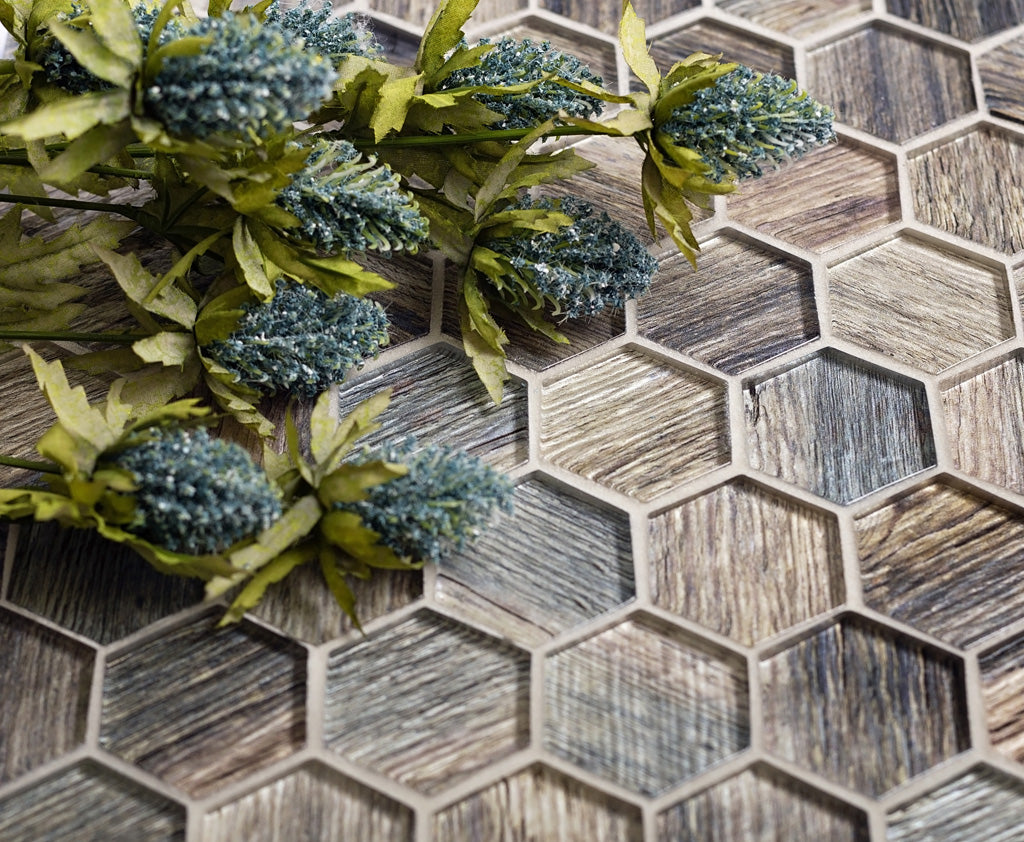 Wooden Brown 12x12 Glossy Hexagon Glass Mosaic Tile (5 pack, 4.83 sq ft/case) - Sample