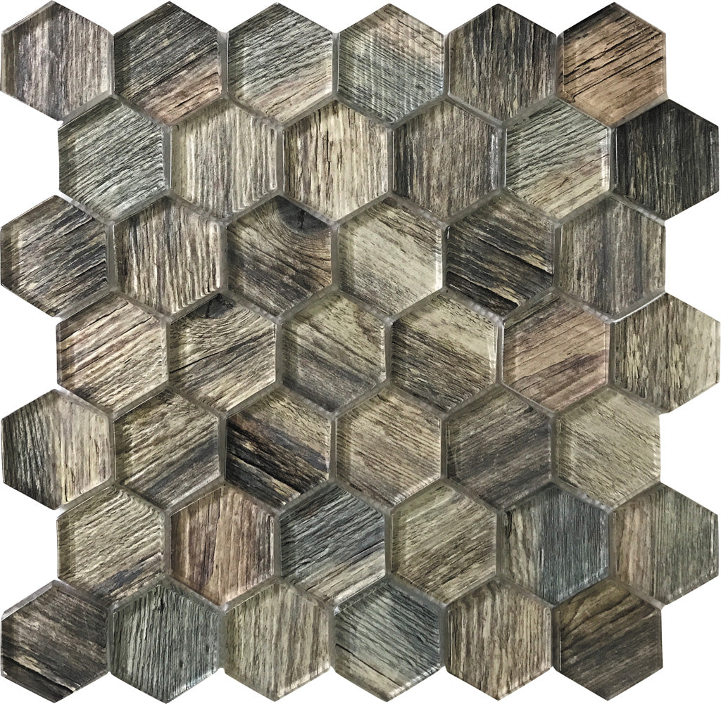 Wooden Brown 12x12 Glossy Hexagon Glass Mosaic Tile (5 pack, 4.83 sq ft/case) - Sample