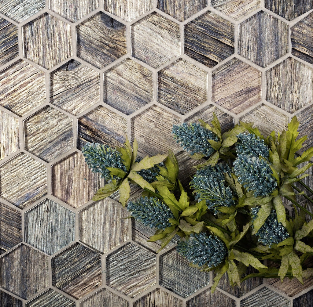 Wooden Brown 12x12 Glossy Hexagon Glass Mosaic Tile (5 pack, 4.83 sq ft/case) - Sample