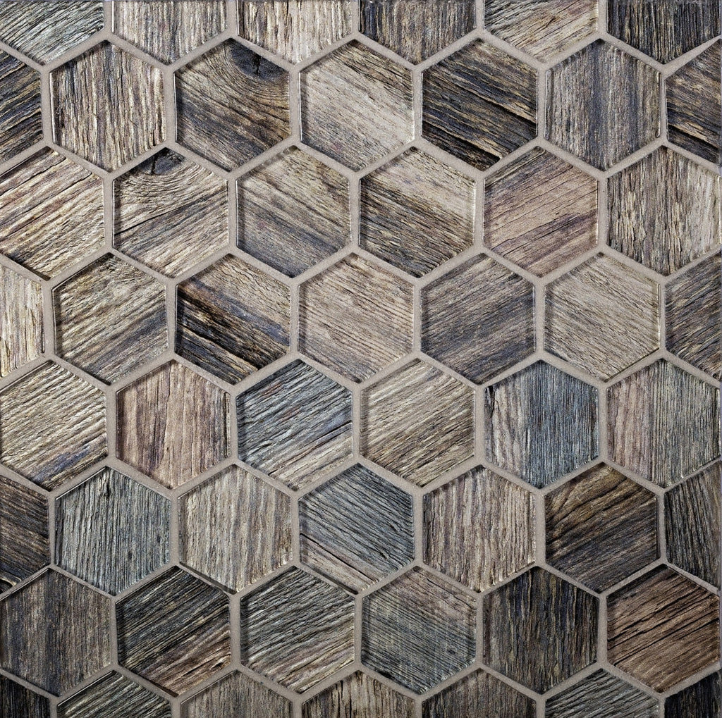 Wooden Brown 12x12 Glossy Hexagon Glass Mosaic Tile (5 pack, 4.83 sq ft/case) - Sample