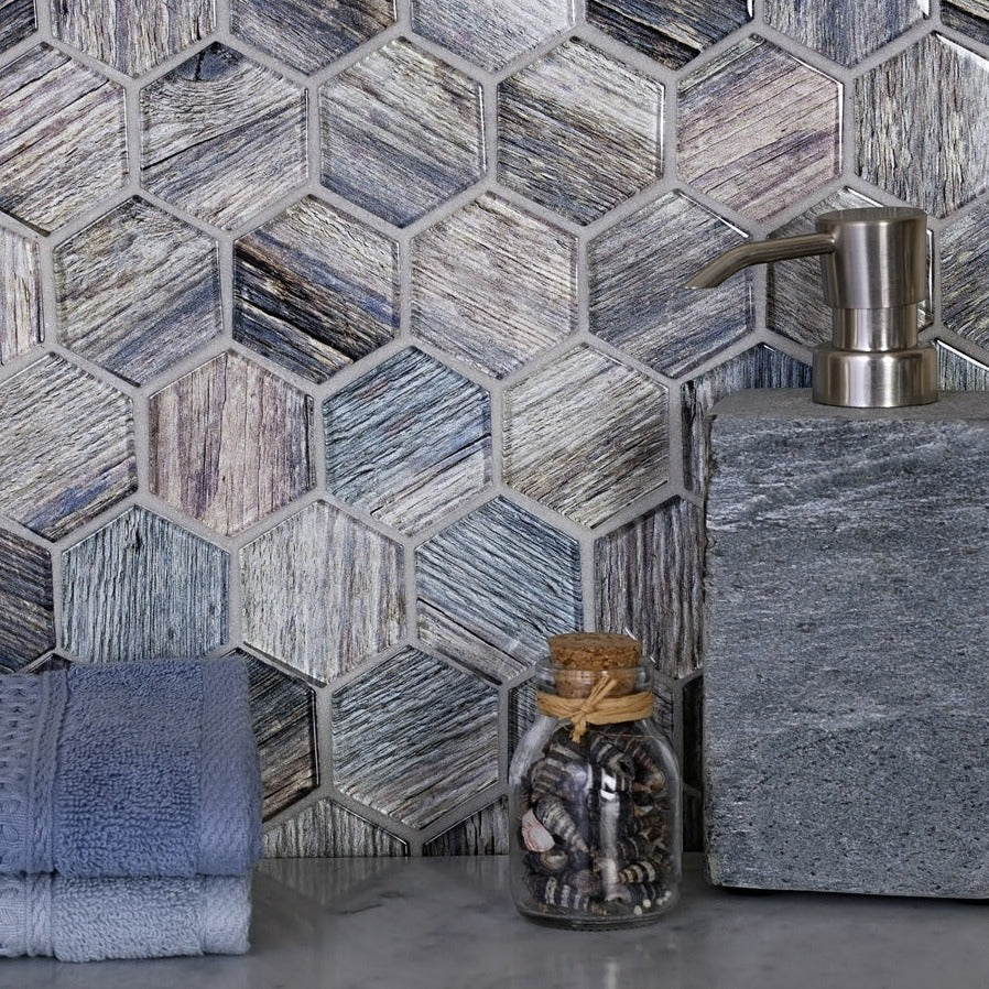 Wooden Brown 12x12 Glossy Hexagon Glass Mosaic Tile (5 pack, 4.83 sq ft/case) - Sample