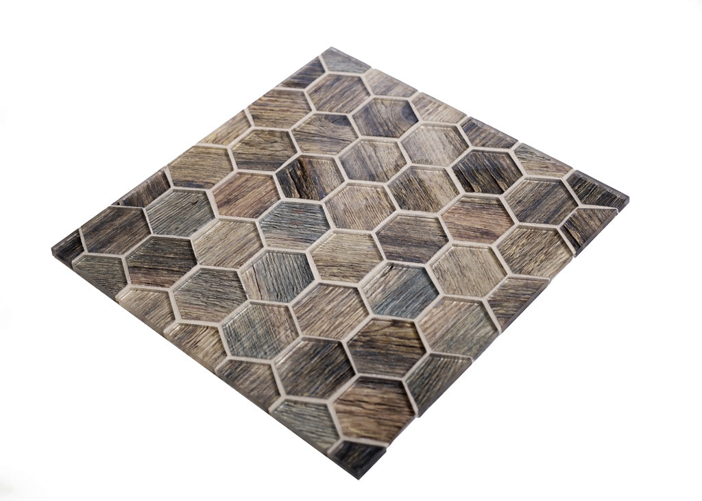 Wooden Brown 12x12 Glossy Hexagon Glass Mosaic Tile (5 pack, 4.83 sq ft/case) - Sample