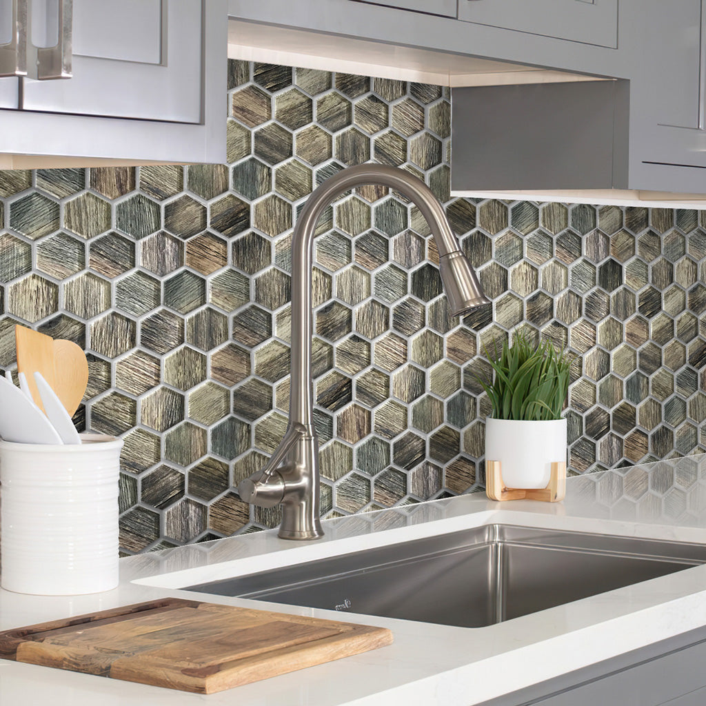 Wooden Brown 12x12 Glossy Hexagon Glass Mosaic Tile (5 pack, 4.83 sq ft/case) - Sample
