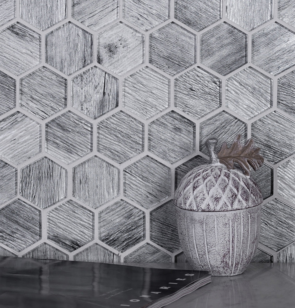 5 pack Light Gray 11.8 in. x 11.8 in. Hexagon Polished Glass Mosaic Tile (4.83 sq ft/case) - Sample