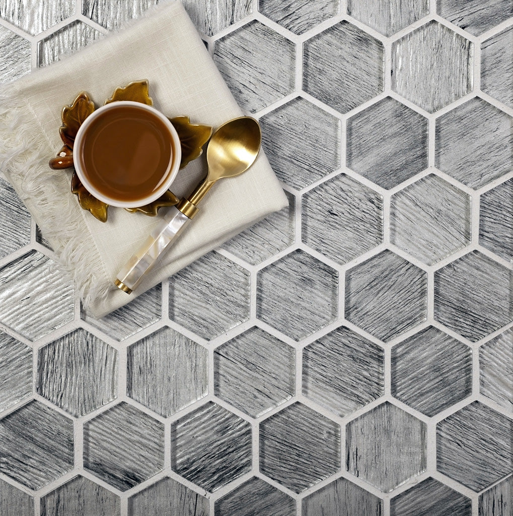 5 pack Light Gray 11.8 in. x 11.8 in. Hexagon Polished Glass Mosaic Tile (4.83 sq ft/case) - Sample