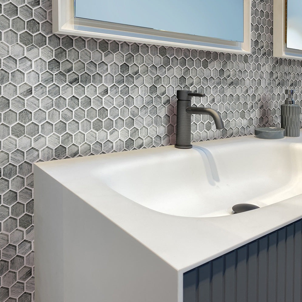 5 pack Light Gray 11.8 in. x 11.8 in. Hexagon Polished Glass Mosaic Tile (4.83 sq ft/case) - Sample