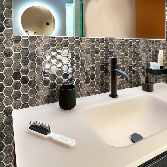 Brown 12x12 Glossy Hexagon Glass Mosaic Tile (5 pack, 4.83 sq ft/case) - Sample