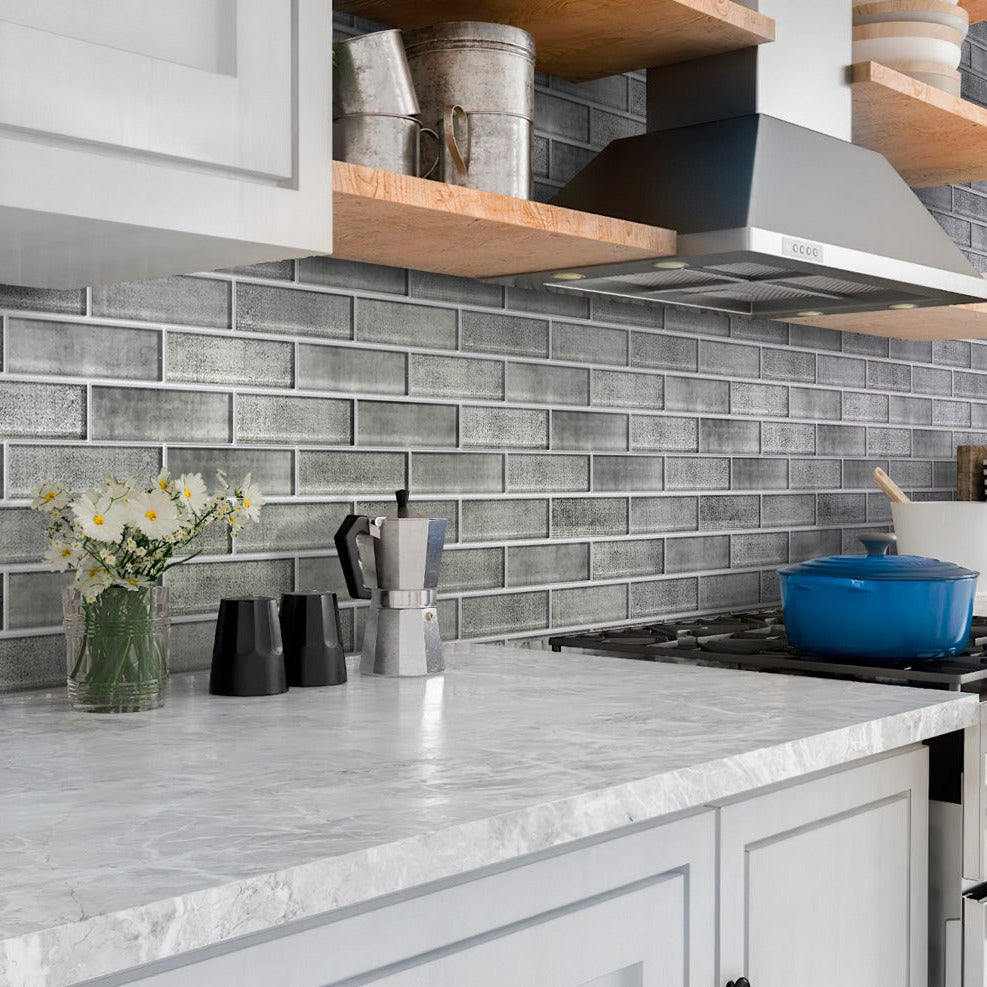 5 pack Gray 11.8 in. x 11.8 in. Polished Glass Subway Mosaic Tile (4.83 sq ft/case) - Sample