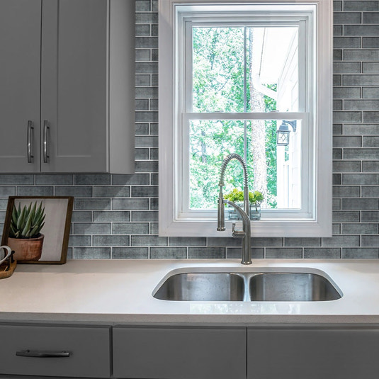 Coin gray polished glass subway mosaic tile backsplash in kitchen wall application