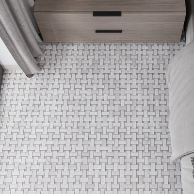Polished bianco carrara marble basketweave mosaic tile in white and eastern beige tones