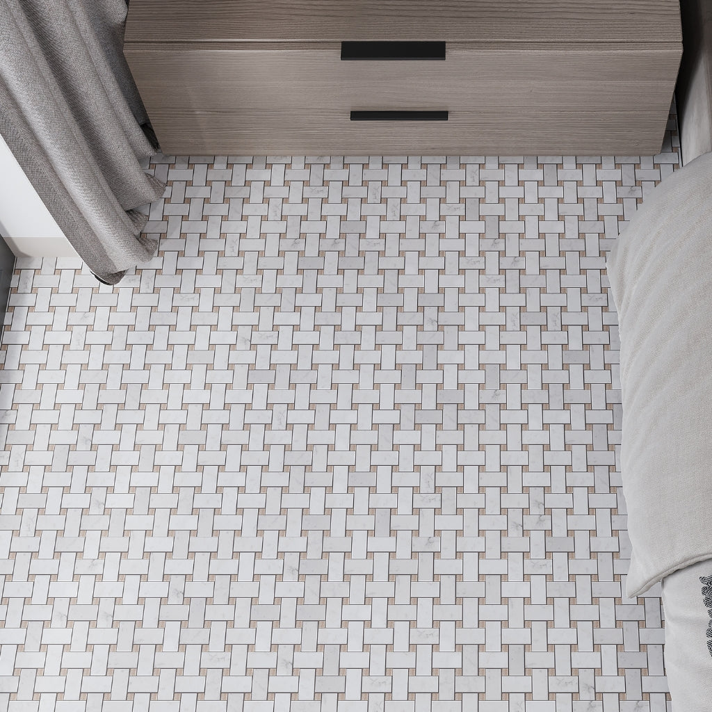 Bianco Carrara, Eastern Beige 12x12 Polished Basketweave Marble Mosaic Tile (5 pack, 5 sq ft/case)