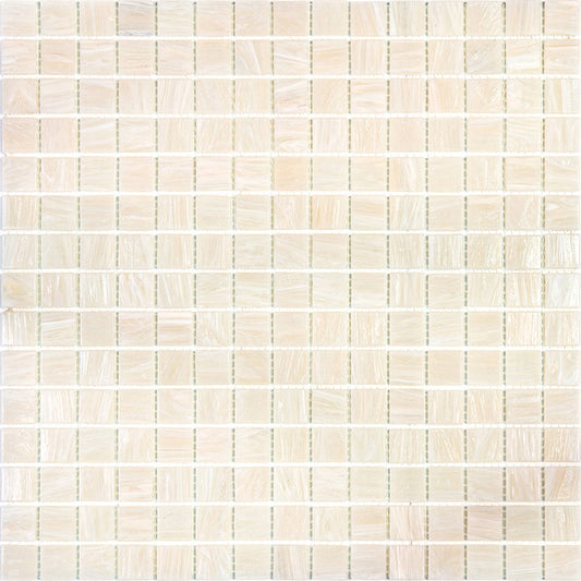 Glossy nude beige 12x12 glass mosaic tile with uniform square pattern and subtle swirl texture