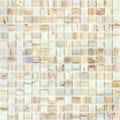 Glossy beige 12x12 glass mosaic tiles with natural swirling patterns and uniform square layout