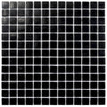 Glossy black 12x12 glass mosaic tiles arranged in a uniform square grid on white backing