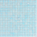 Glossy Columbia Blue 12x12 glass mosaic tiles with soft, swirled blue and white pattern