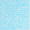 Glossy baby blue 12x12 glass mosaic tile sheet with uniform square tiles and subtle marbling effect