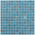 Glossy cerulean blue glass mosaic tiles with gold swirls in 12x12 square layout for walls and floors
