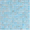 Glossy light blue 12x12 glass mosaic wall and floor tiles with white and subtle orange veins