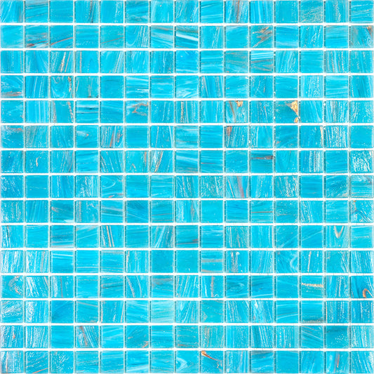 Glossy vivid sky blue 12x12 glass mosaic tiles with swirled patterns and copper accents