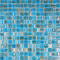 Glossy blue and gold 12x12 glass mosaic tiles with uniform square pieces and intricate gold accents