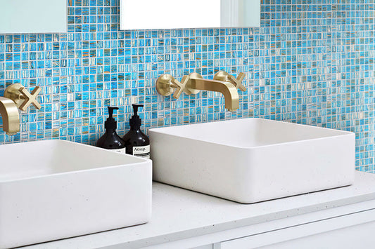 Blue Gold 12x12 Glossy Uniform Square Glass Mosaic Tile (20 pack, 20 sq ft/case) - Sample