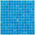 Glossy dodger blue 12x12 square glass mosaic tiles with varied blue shades and subtle swirl patterns
