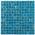 Glossy blue 12x12 inch glass mosaic tile sheet with varied blue and aqua patterns