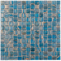Glossy yale blue and gold swirled 12x12 glass mosaic tile sheet with square pattern