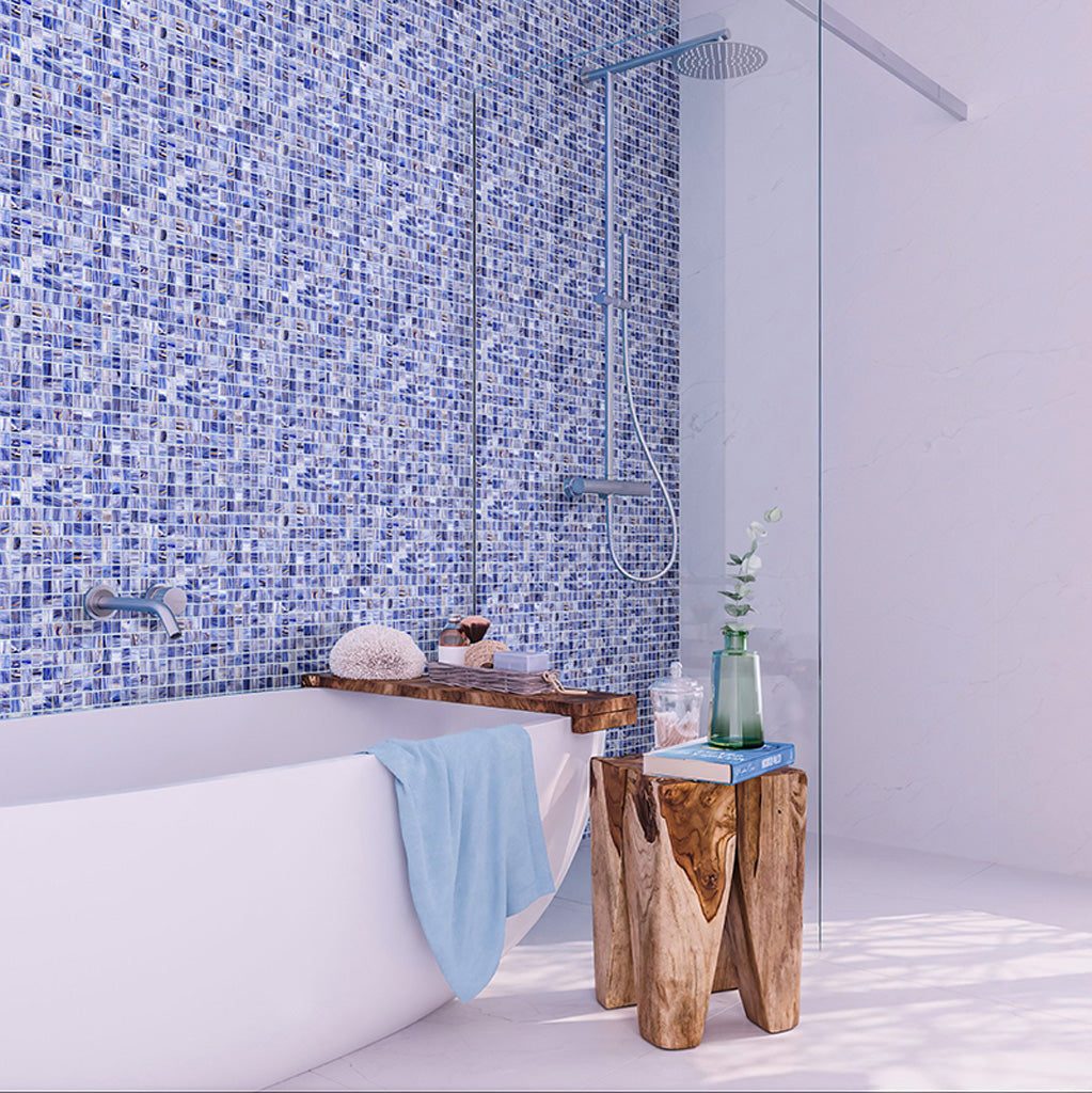 Blue and White Glossy Glass Mosaic Tile