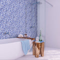 12x12 inch glossy blue and white glass mosaic tile on bathroom wall and shower surface