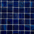 Glossy 12x12 inch Egyptian blue glass mosaic tiles with shimmering streaks and square pattern