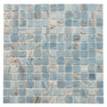 Glossy manatee blue 12x12 glass mosaic tile sheet with swirling patterns and copper accents