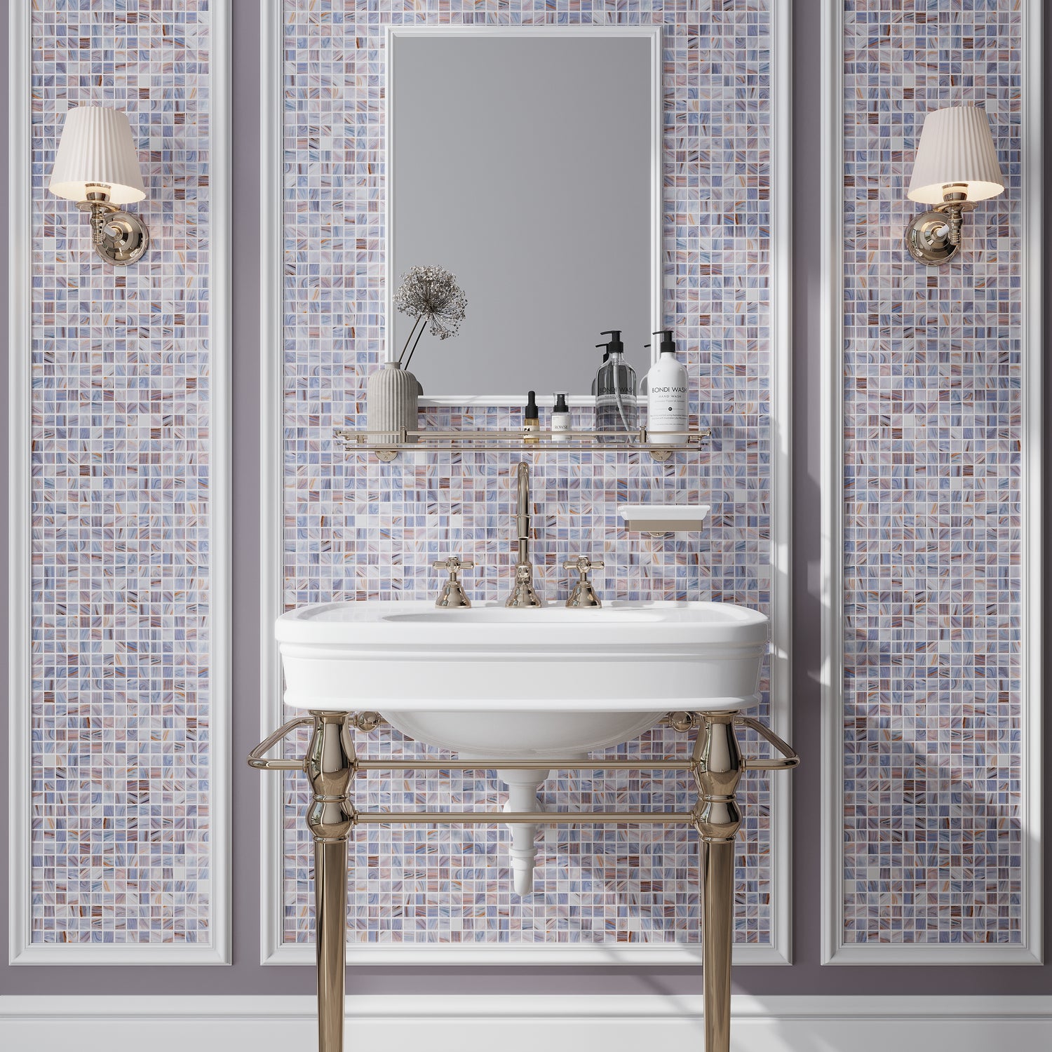 Glossy Manatee Blue glass mosaic tile, 12x12 inches, square, used as bathroom wall tile