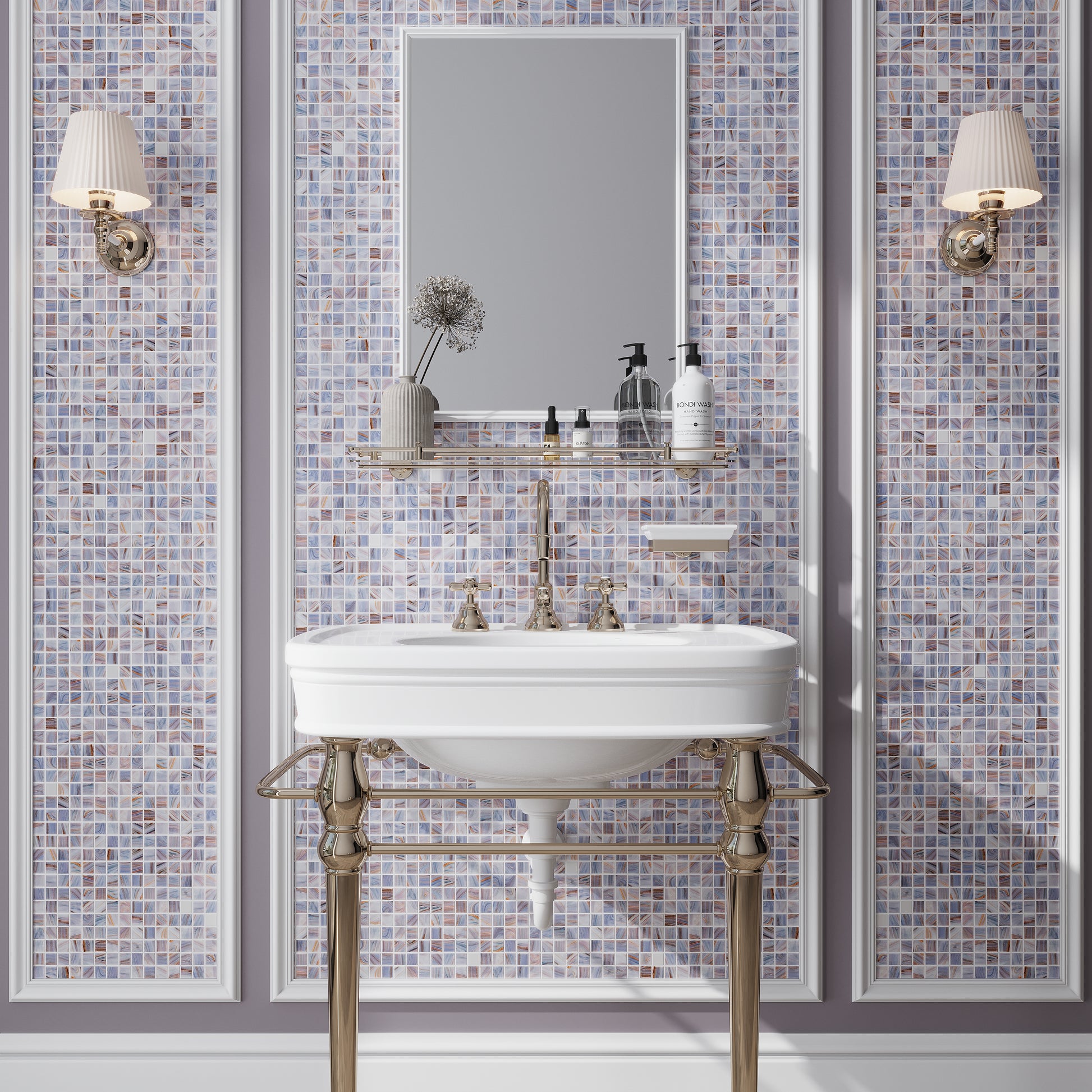 Glossy Manatee Blue glass mosaic tile, 12x12 inches, square, used as bathroom wall tile