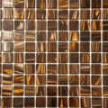 Glossy brown gold glass mosaic tile squares with shimmering metallic streaks