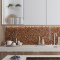 Glossy bronze glass mosaic tile backsplash with 12x12 square tiles in kitchen setting