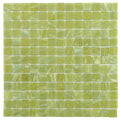 Glossy green lizard glass mosaic tile sheet with uniform 1-inch square pieces and subtle tonal variations