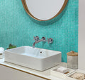glossy Persian green glass mosaic square tiles on bathroom wall 