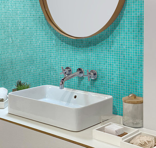 glossy Persian green glass mosaic square tiles on bathroom wall 