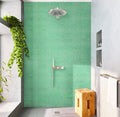 Glossy green glass mosaic square tiles 12x12 inches installed on shower wall